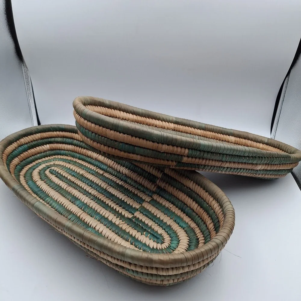 Set Of 2 Hand Woven African Hausa Style‎ Coiled Grass Nesting Baskets Green Tan